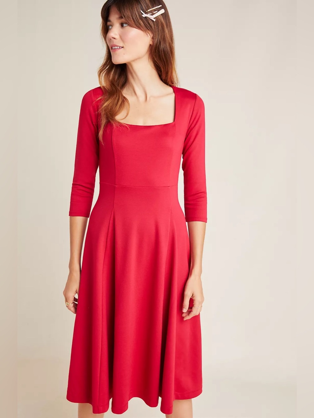 Maeve Jocelyn Anthropologie Midi Red A-Line Square Neck 3/4 sleeve Dress size S